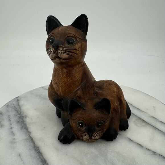 Vintage Wooden Siamese Two Cat Statue - Picture 1 of 9